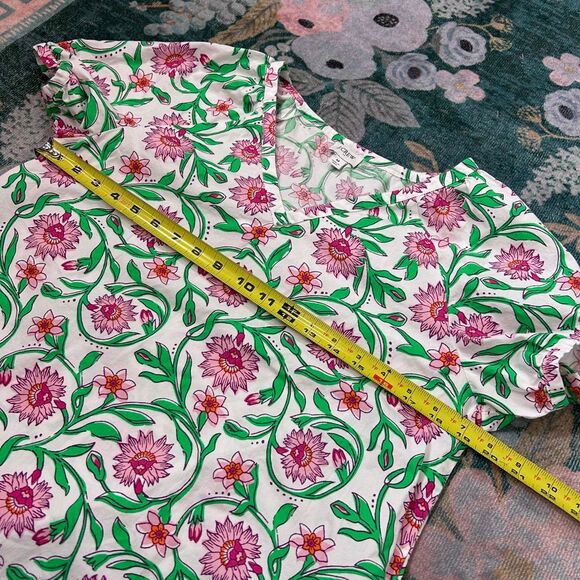 J. Crew Blouse Cotton poplin top Pink Green Floral White Lotus Bloom Medium M - Picture 11 of 14